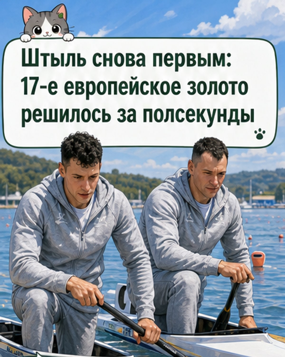 Иван Штыль и Захар Петров на пьедестале почета после победы в каноэ-двойке на 500 метров на чемпионате Европы по гребле 2026 года.