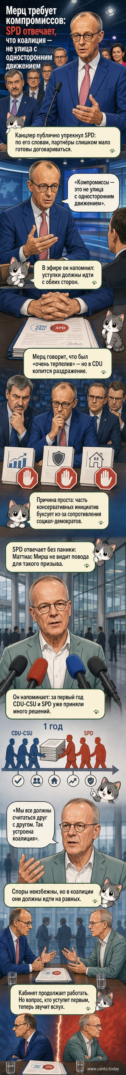 Иллюстрация: канцлер Фридрих Мерц и лидер СДПГ Маттиас Мирш стоят по разные стороны стола с надписью «Коалиция», переговоры зашли в тупик.
