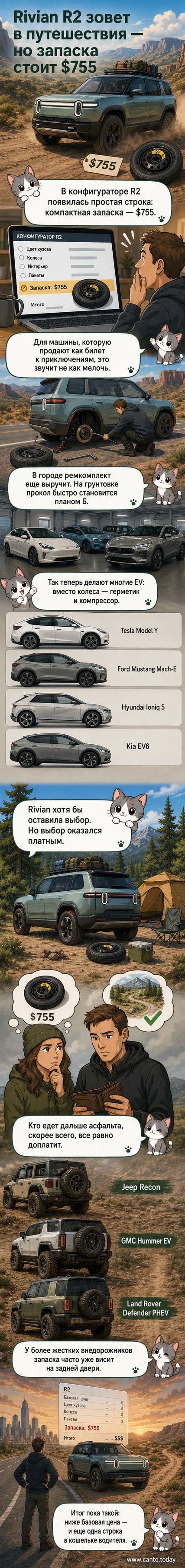 Иллюстрация электрокроссовера Rivian R2 на фоне природы с иконкой запасного колеса и ценником в $755