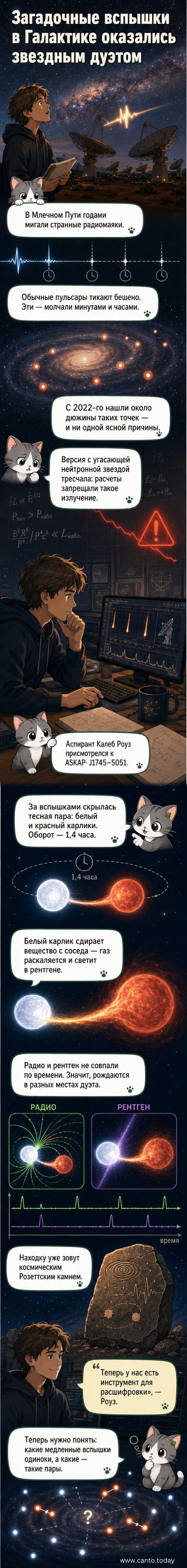 Иллюстрация двойной звёздной системы: белый и красный карлик вращаются близко друг к другу, между ними вспыхивают радиоволны и рентгеновское излучение.