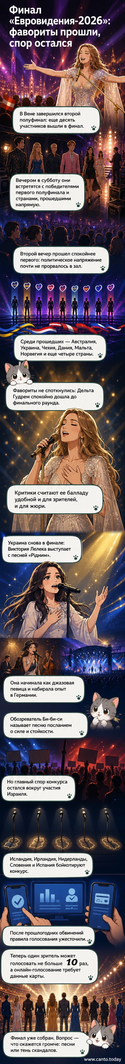 Сцена «Евровидения-2026» в Вене: яркое освещение, участники на сцене, публика в зале