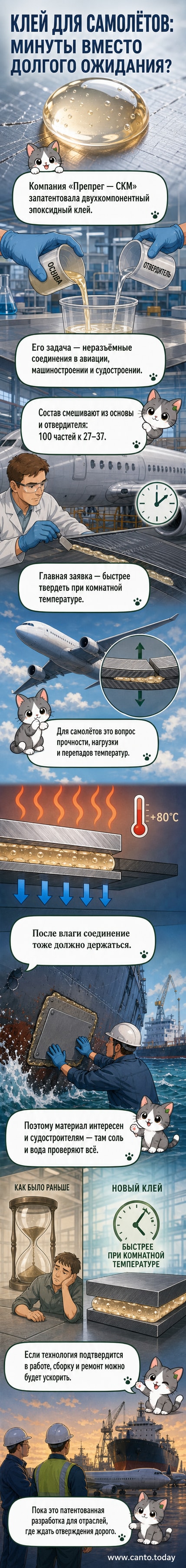Иллюстрация: инженеры в цеху склеивают крупногабаритные детали самолёта с помощью нового эпоксидного состава, таймер показывает считанные минуты
