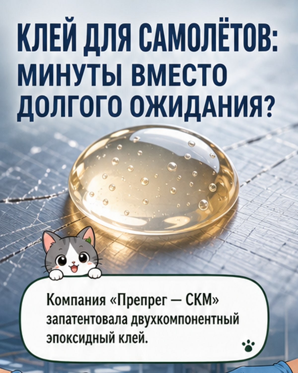 Иллюстрация: инженеры в цеху склеивают крупногабаритные детали самолёта с помощью нового эпоксидного состава, таймер показывает считанные минуты