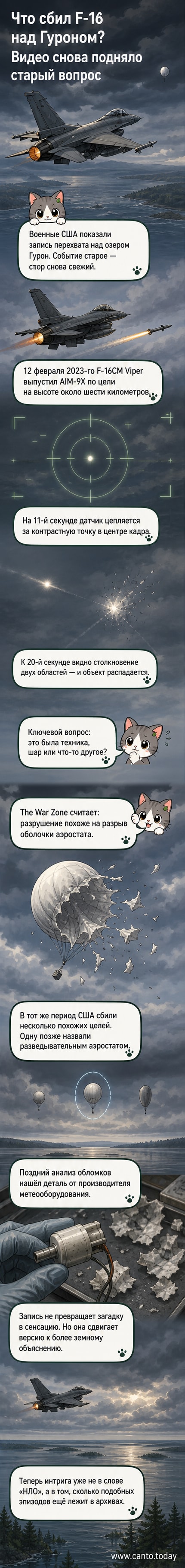 Иллюстрация: F-16 в небе над озером Гурон, выпускает ракету по небольшому воздушному шару на фоне облачного неба.
