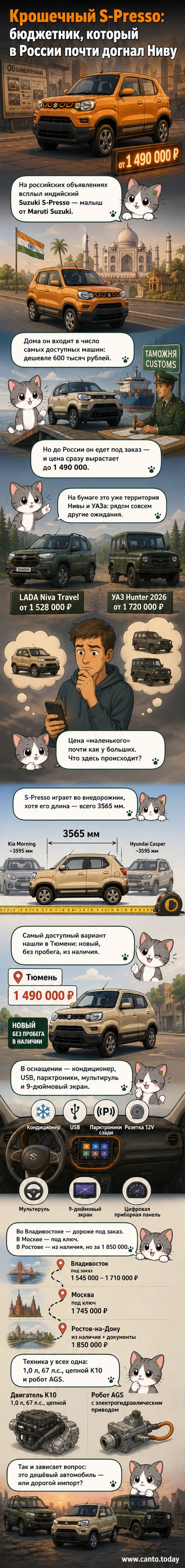 Компактный внедорожник Suzuki S-Presso светлого цвета на фоне городской улицы, вид спереди — крупно, с подписью «Новинка на российском рынке»