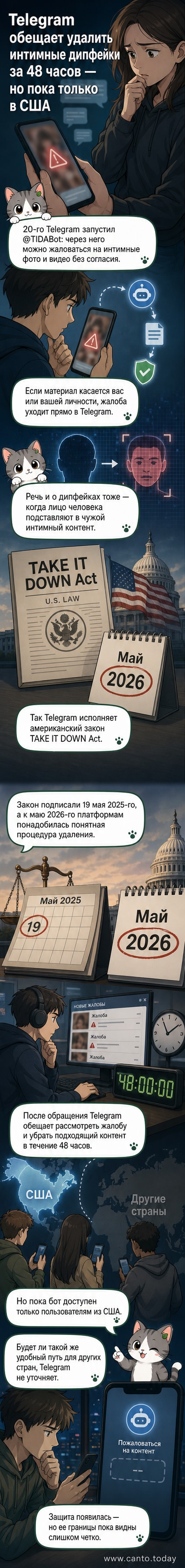 Иллюстрация: человек в капюшоне отправляет сообщение в Telegram, на экране — бот, удаляющий дипфейк-видео