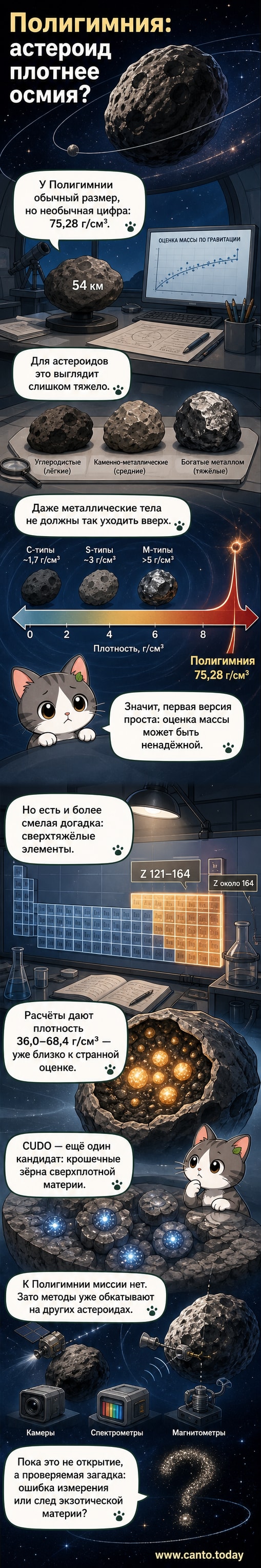 Иллюстрация астероида Полигимния в космосе с полупрозрачным срезом, показывающим гипотетическое ядро из сверхплотной экзотической материи.