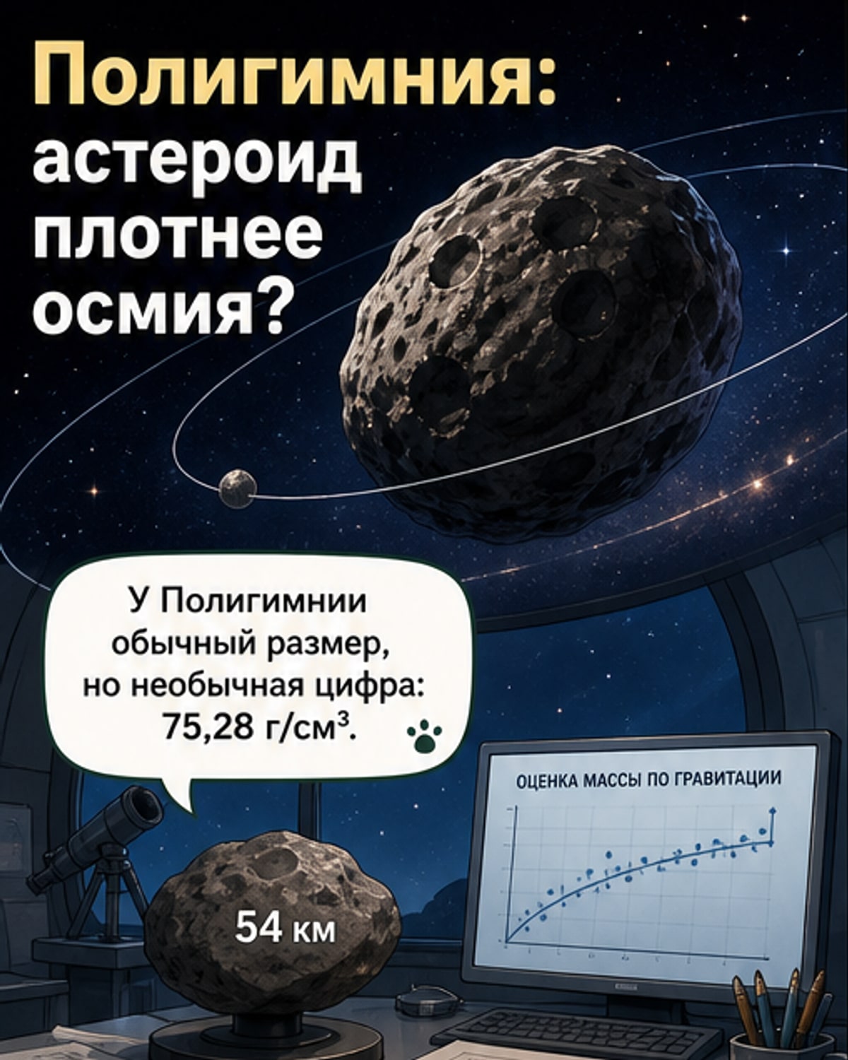 Иллюстрация астероида Полигимния в космосе с полупрозрачным срезом, показывающим гипотетическое ядро из сверхплотной экзотической материи.