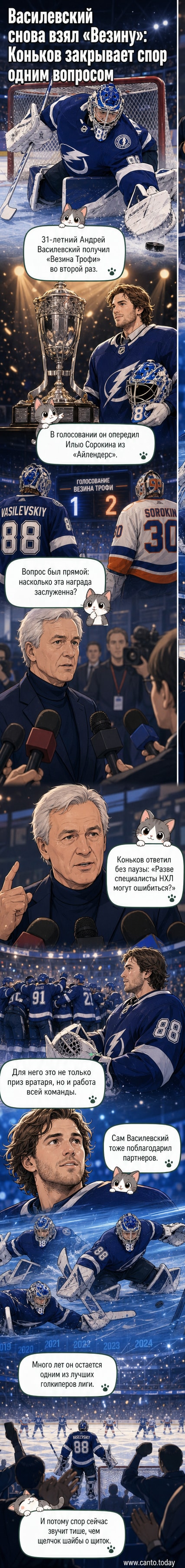 Андрей Василевский держит кубок «Везина Трофи» под светом арены, рядом — логотип «Тампа-Бэй Лайтнинг»