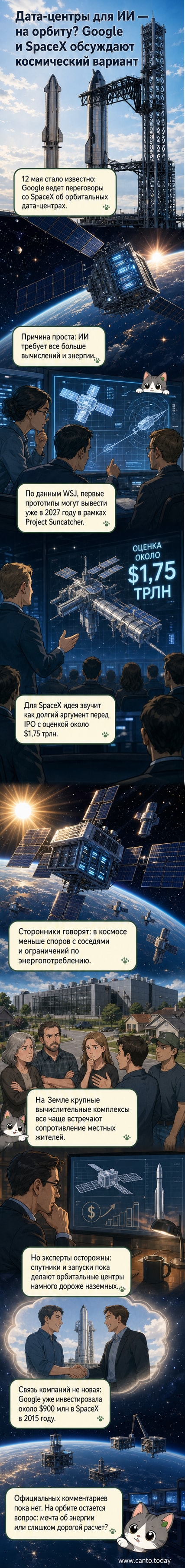 Иллюстрация: спутник с вычислительными модулями на орбите Земли, фоном — солнечные панели и планета, символизирующая проект орбитального дата-центра Google и SpaceX