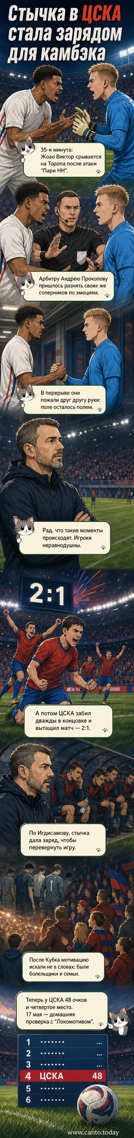 Футболисты ЦСКА Жоао Виктор и Владислав Тороп в напряжённом моменте на поле, арбитр разнимает игроков, тренер Дмитрий Игдисамов наблюдает со скамейки.