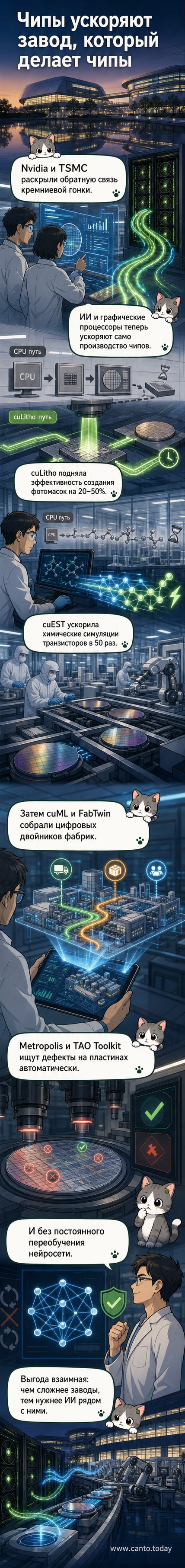 Иллюстрация: два роботизированных чипа — один с логотипом Nvidia, другой с логотипом TSMC — обмениваются данными на фоне завода с цифровыми двойниками и ИИ-интерфейсами