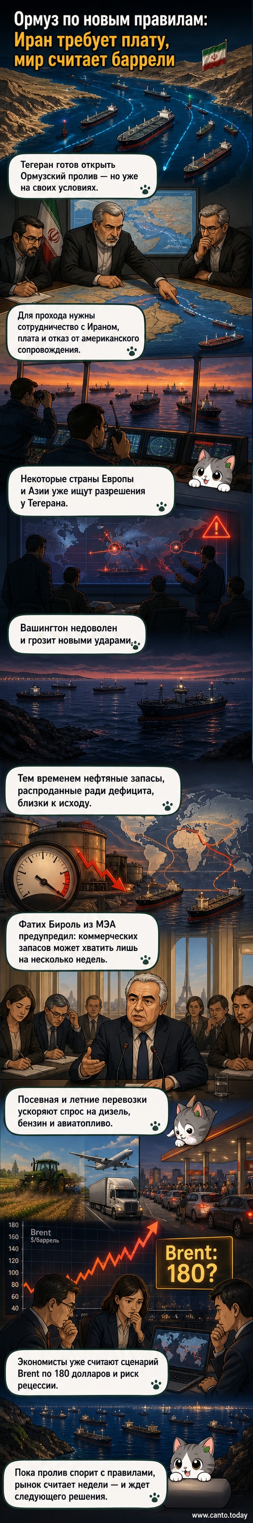 Иллюстрация Ормузского пролива с военными кораблями и нефтяными танкерами, на фоне заявлений иранских властей о новых правилах прохода