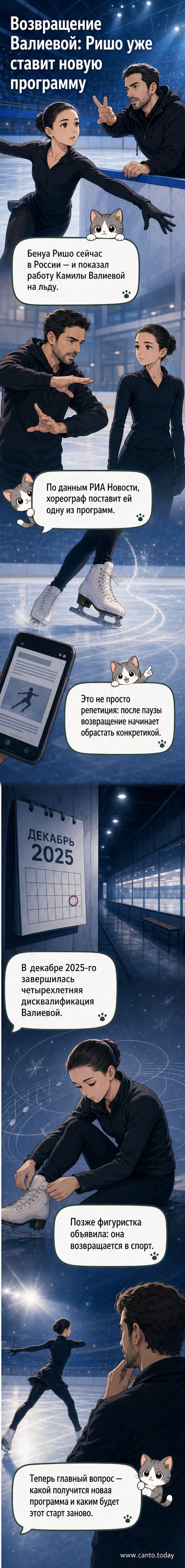 Камила Валиева на тренировке с хореографом Ришо, работают над новой произвольной программой в зале для танцев