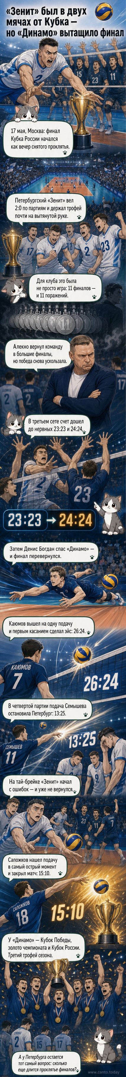 Волейболисты московского «Динамо» празднуют победу в финале Кубка России, поднимая трофей на фоне трибун Арены «Динамо».