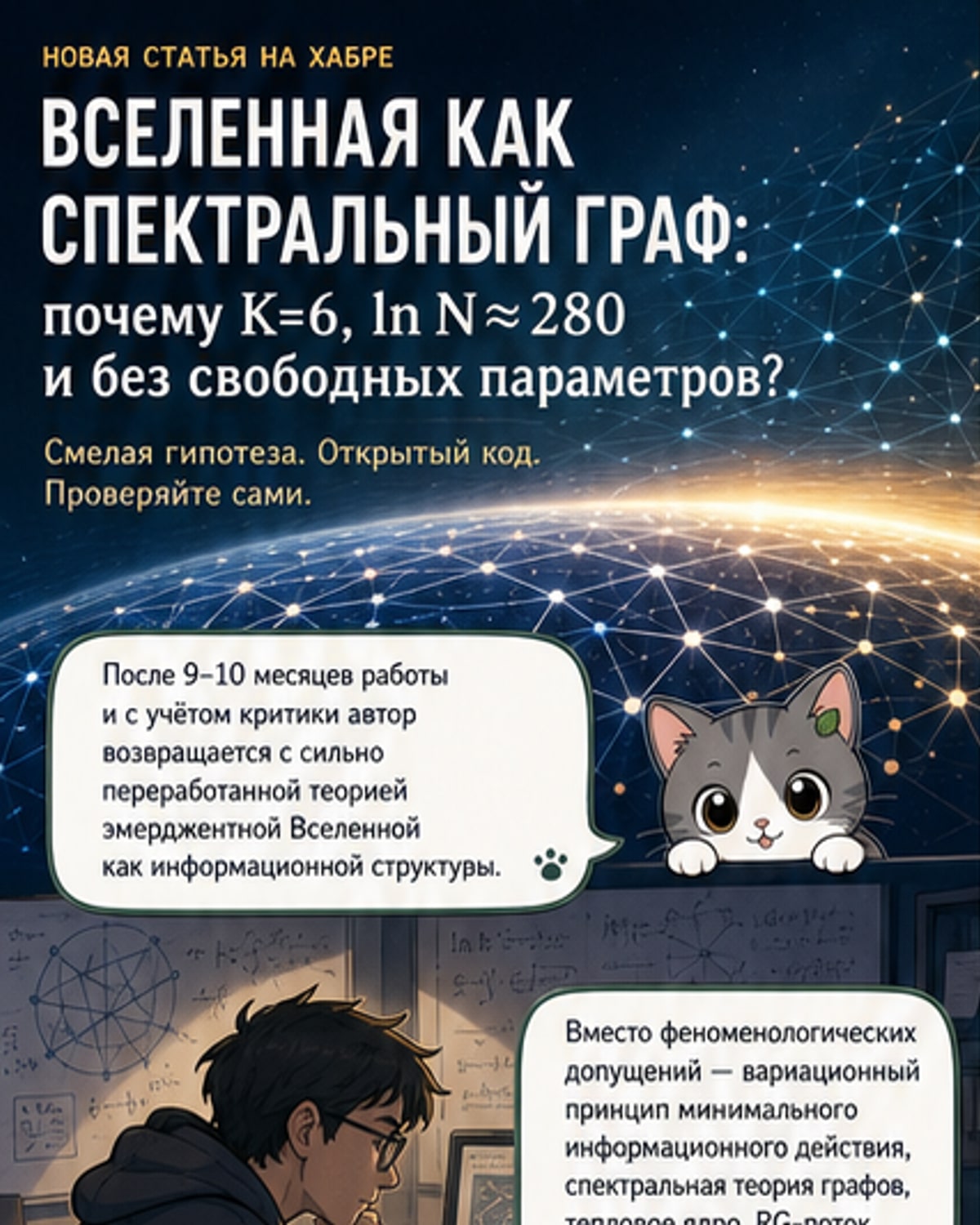 Иллюстрация квантового графа малого мира, из которого эмерджентно возникают пространство, время и частицы