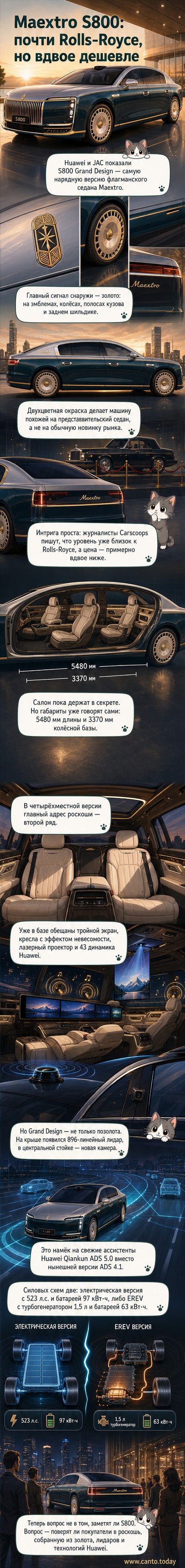 Чёрно-серебристый флагманский седан Maextro S800 с золотыми эмблемами, позолоченными дисками и крупным лидаром на крыше стоит на фоне городской панорамы.