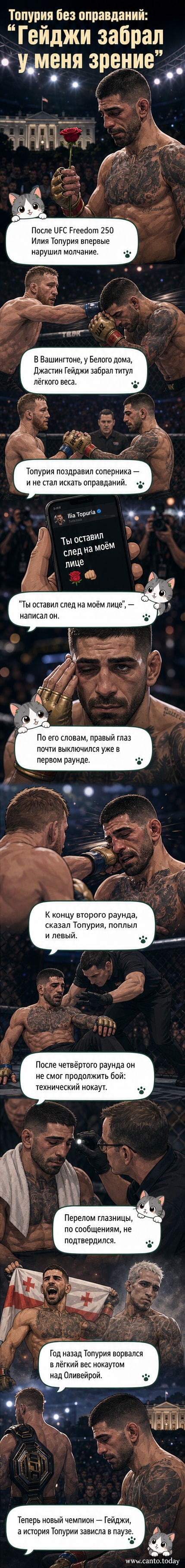 Илия Топурия и Джастин Гейджи в центре октагона, после боя, Топурия с опущенной головой, Гейджи поднимает руки в победе.