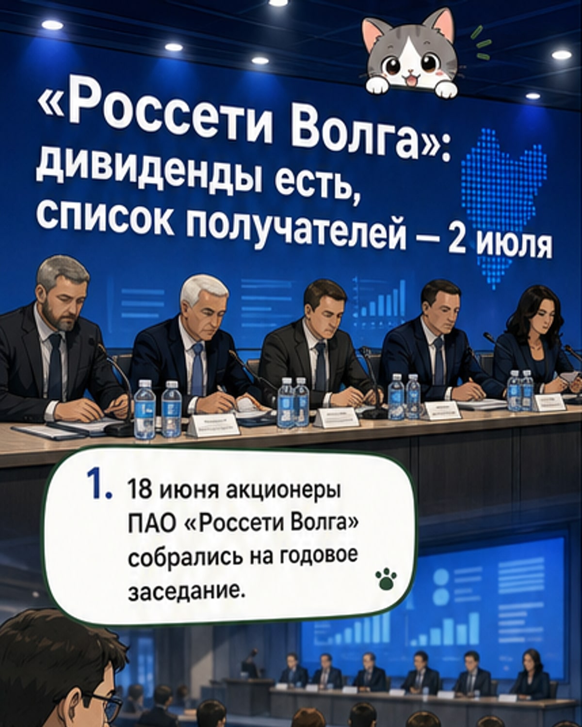 Иллюстрация: здание энергокомпании, символы акций и дивидендов, портреты новых членов совета директоров.