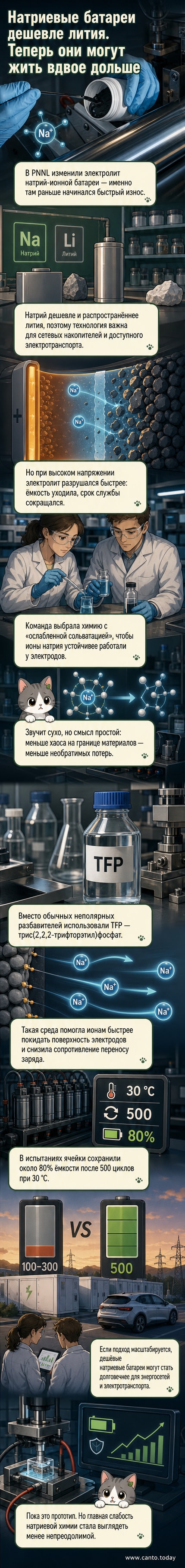 Иллюстрация: схема натрий-ионного аккумулятора с новым электролитом, где ионы натрия устойчиво перемещаются между электродами, не разрушая структуру.