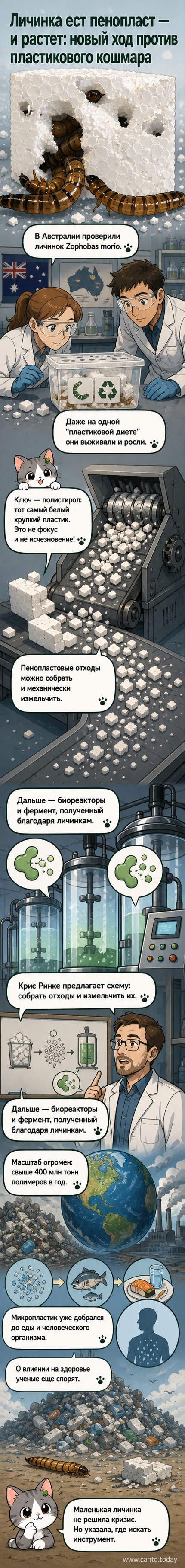 Личинка жука Zophobas morio на куске полистирола — научное открытие, которое может помочь в переработке пластика