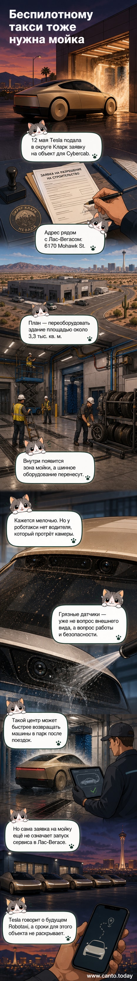 Изображение: футуристическая мойка для автономных автомобилей Tesla Cybercab с роботизированными манипуляторами и сенсорами, вид в разрезе