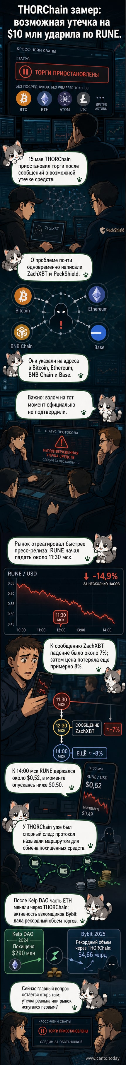 Иллюстрация: разорванная цепь блокчейна с обозначением THORChain, фон — транзакции в разных сетях, падающий график токена RUNE