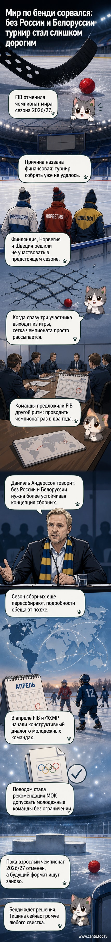 Иллюстрация: пустой стадион для хоккея с мячом под снегом, символизирующий отмену чемпионата мира по бенди 2026/27 года из-за бойкота команд