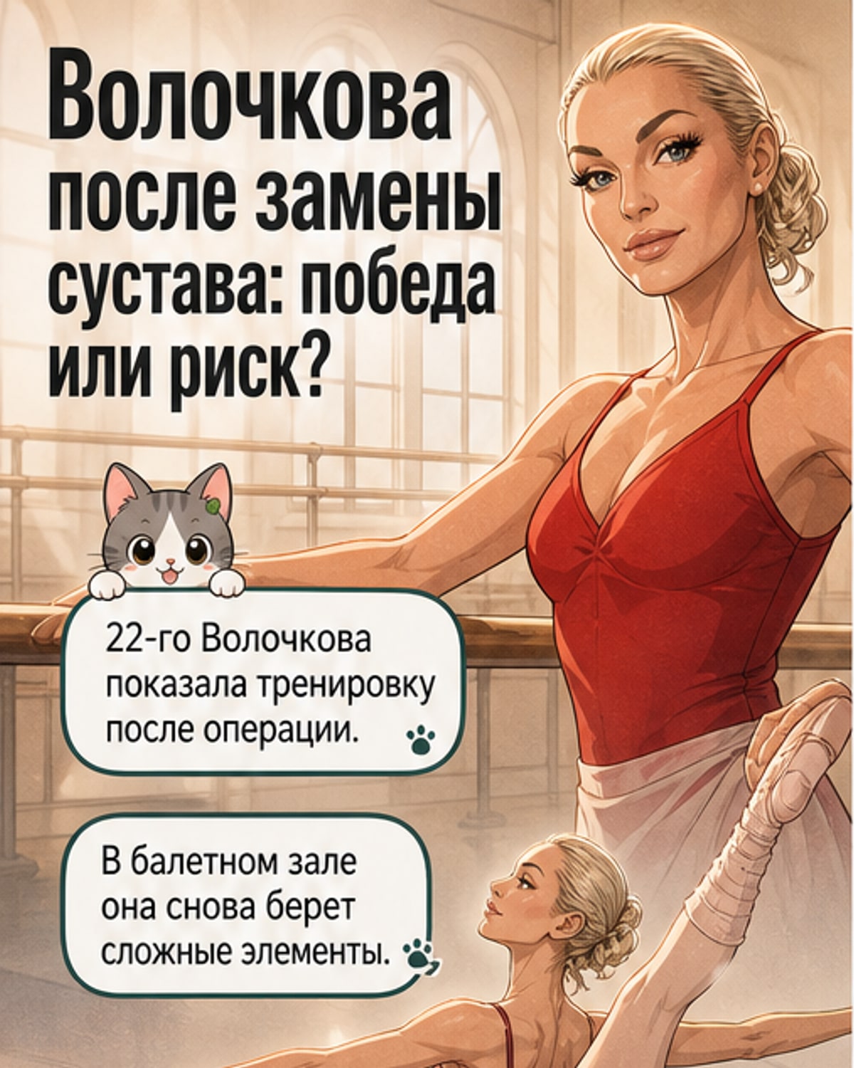 Анастасия Волочкова в балетном зале, демонстрирует высокий подъем ноги после операции на тазобедренном суставе