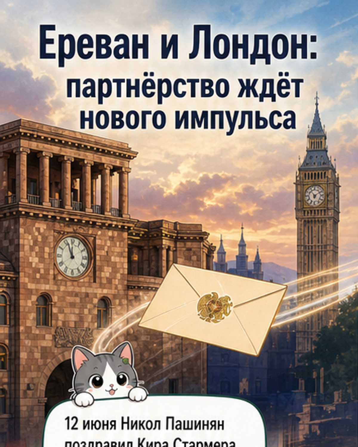 Иллюстрация: рукопожатие премьер-министра Армении Никола Пашиняна и премьер-министра Великобритании Кира Стармера на фоне флагов двух стран, символизирующее развитие двустороннего сотрудничества.