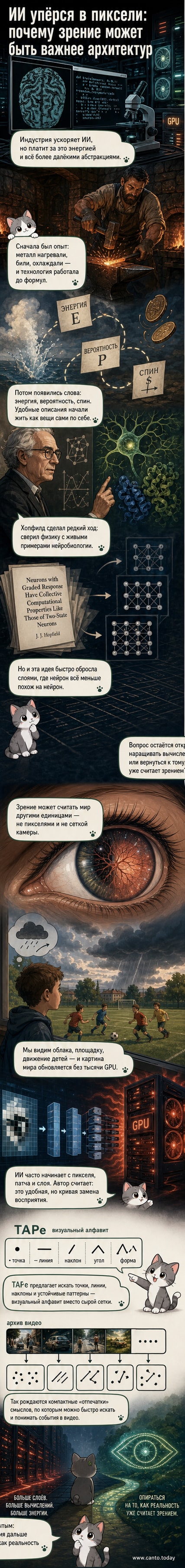 Рукописная иллюстрация, показывающая контраст между сеткой пикселей и органичными линиями, которые мозг использует для распознавания образов.