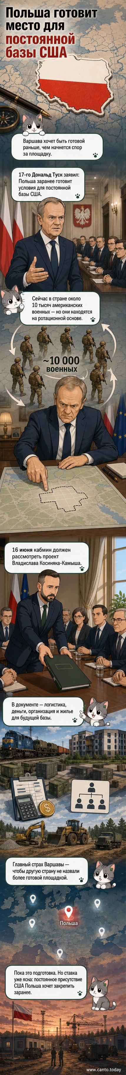 Иллюстрация: польские и американские флаги рядом на фоне военной базы, солдаты работают над строительством инфраструктуры