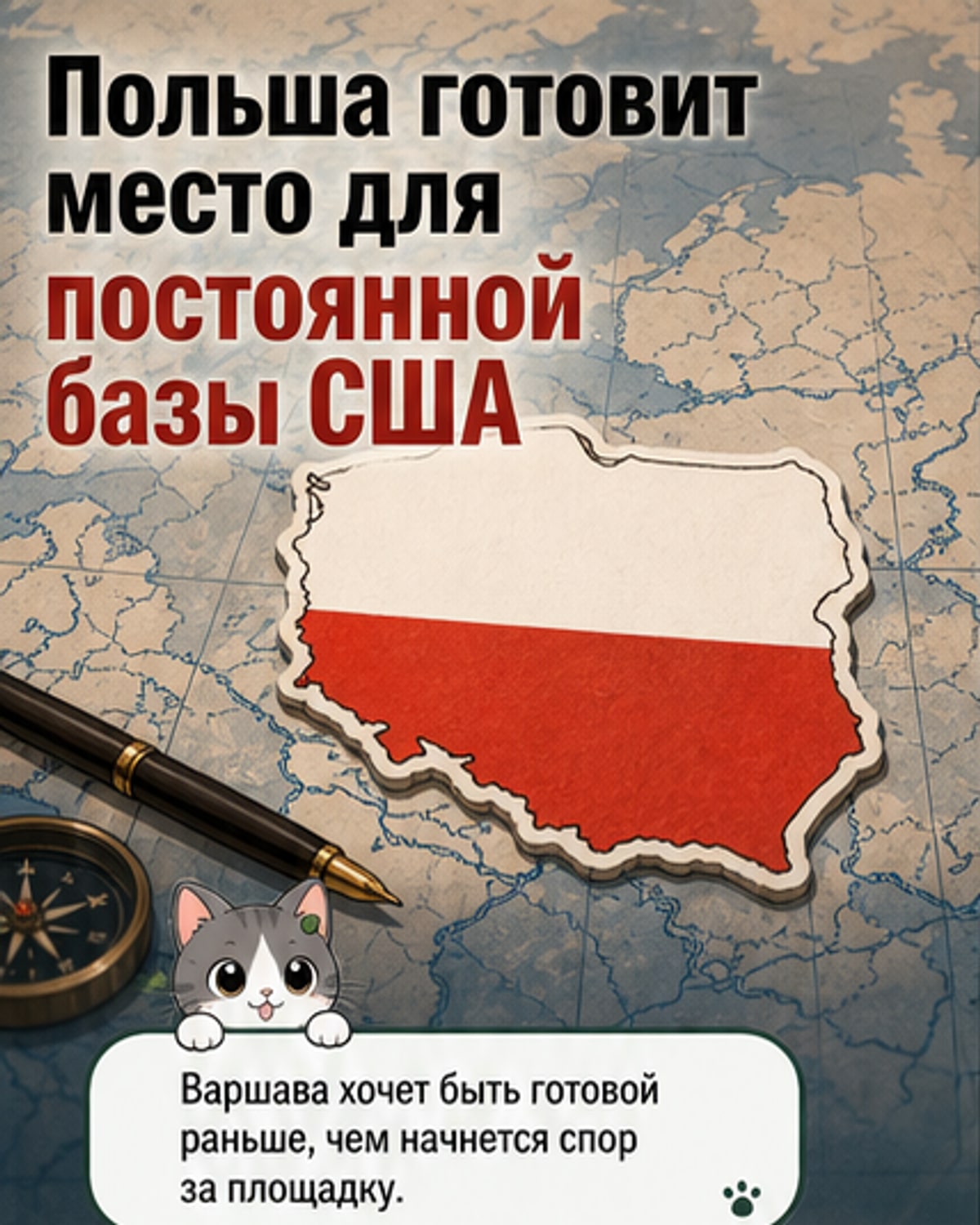 Иллюстрация: польские и американские флаги рядом на фоне военной базы, солдаты работают над строительством инфраструктуры