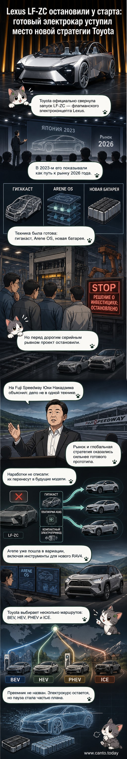 Концепт-кар Lexus LF-ZC в белом цвете на фоне гоночной трассы, демонстрирующий футуристический дизайн и передовую электрическую архитектуру