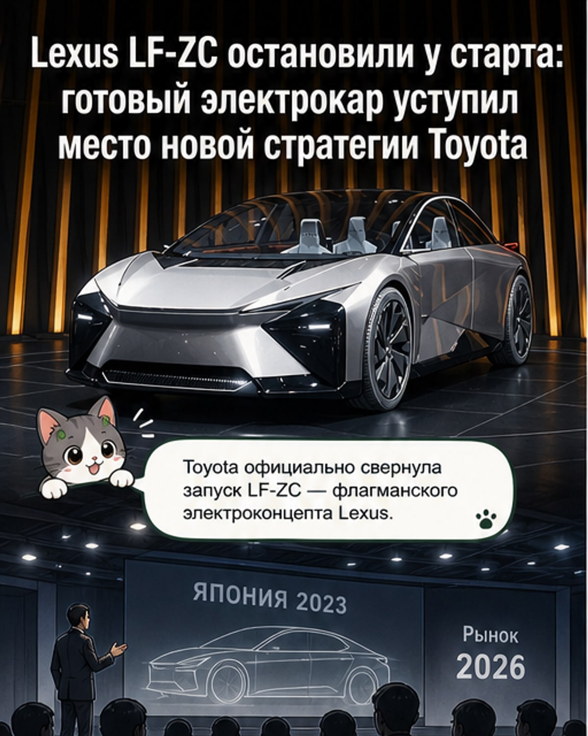 Концепт-кар Lexus LF-ZC в белом цвете на фоне гоночной трассы, демонстрирующий футуристический дизайн и передовую электрическую архитектуру