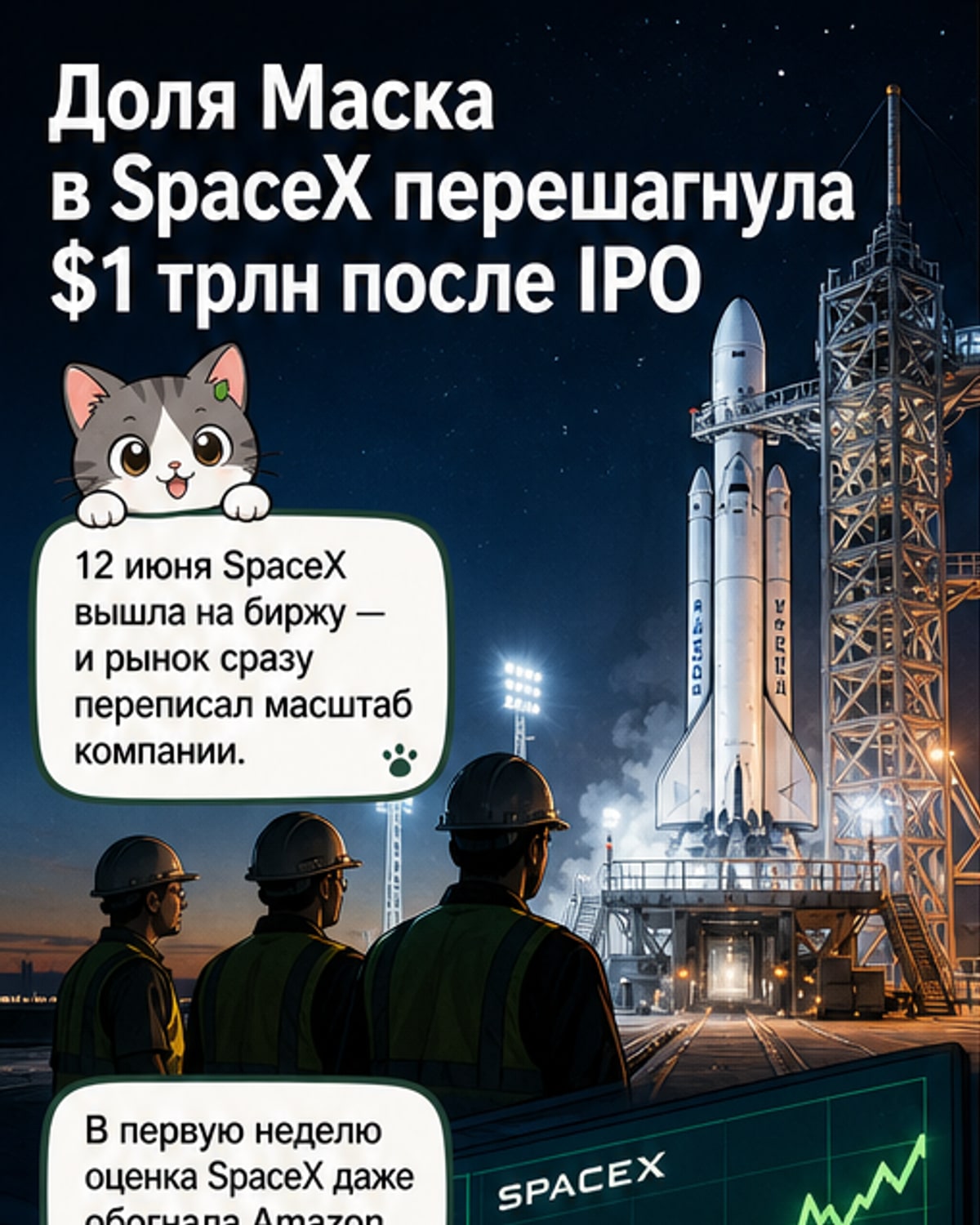 Илон Маск стоит перед ракетой SpaceX на фоне звёздного неба, с цифрой $1 трлн, парящей в воздухе