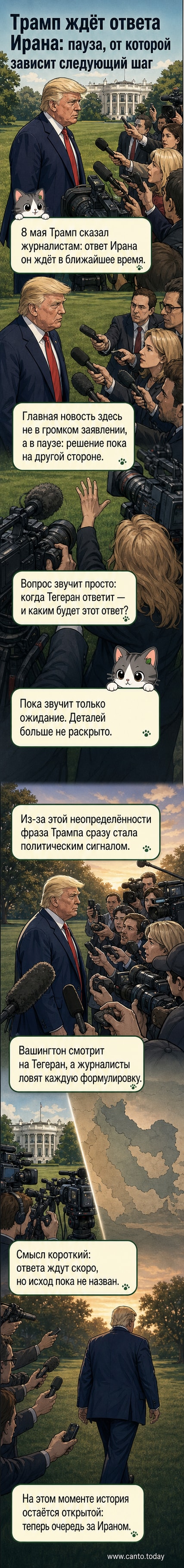 Иллюстрация: Дональд Трамп держит письмо с надписью «Иран»; фон — силуэты Белого дома и Тегерана.