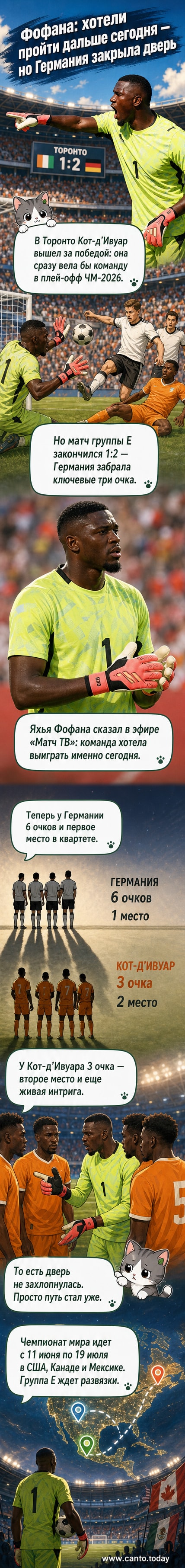 Иллюстрация: вратарь Кот-д'Ивуара Яхья Фофана стоит на поле после поражения от Германии, матч прошёл в Торонто в рамках ЧМ-2026.