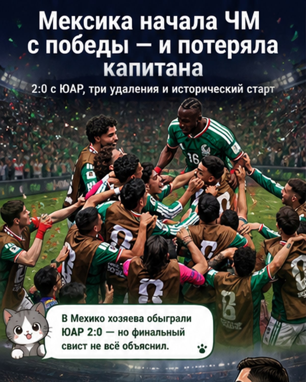 Мексика победила ЮАР 2:0, но матч запомнился тремя удалениями