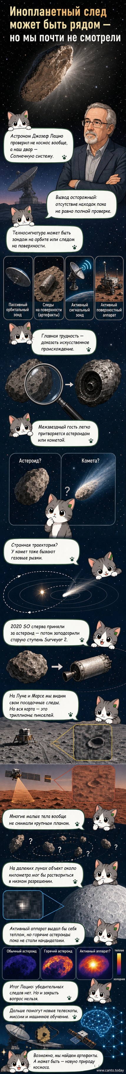Иллюстрация: космический зонд в тени астероида на фоне Солнца, с подписью 'техносигнатуры могут быть рядом'