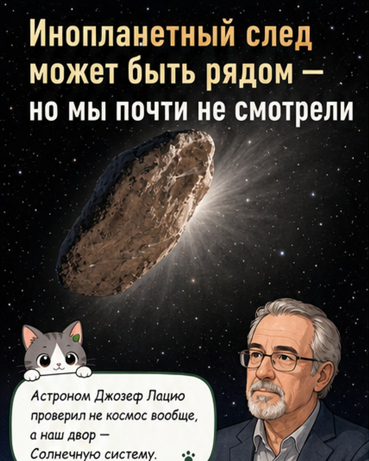Иллюстрация: космический зонд в тени астероида на фоне Солнца, с подписью 'техносигнатуры могут быть рядом'