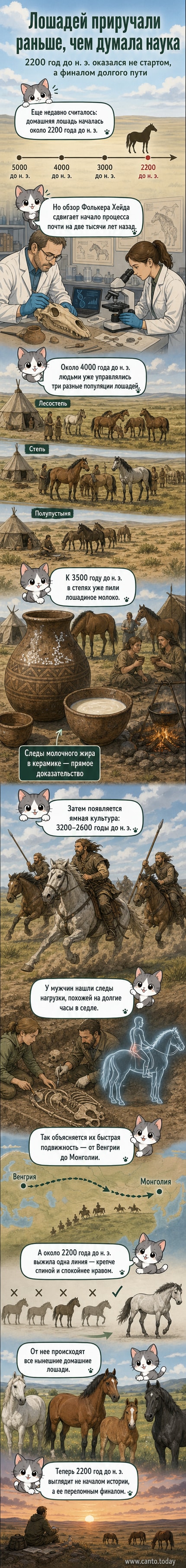 Иллюстрация древних всадников на фоне евразийских степей, с изображением лошадей, керамики с остатками молока и генетических схем.