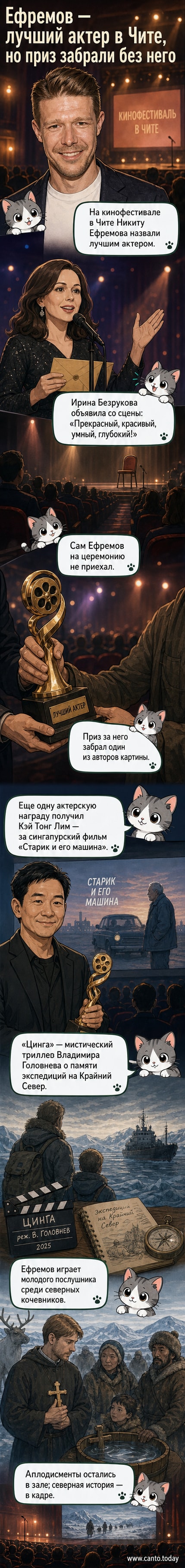 Актёр Никита Ефремов на сцене, фон — кадр из фильма «Цинга» с северным пейзажем и церковью