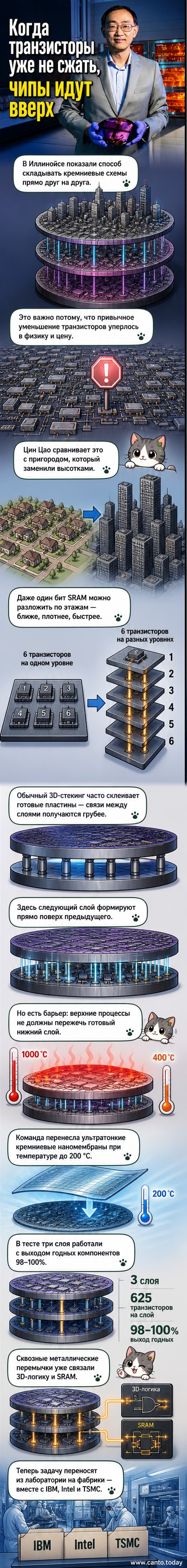 Иллюстрация: вертикальный стек из нескольких слоёв кремниевых транзисторов, напоминающий небоскрёб, на фоне традиционного плоского чипа.