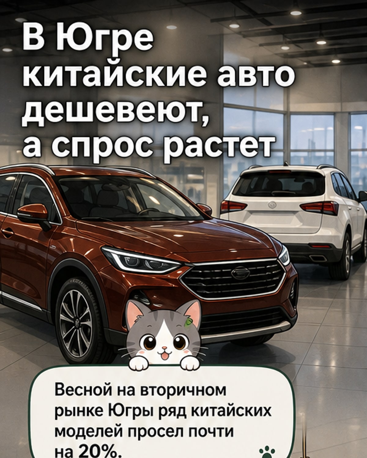 Иллюстрация: несколько китайских автомобилей (Great Wall, Geely, HAVAL) на фоне сибирской зимы, цены на табличках снижаются стрелками вниз