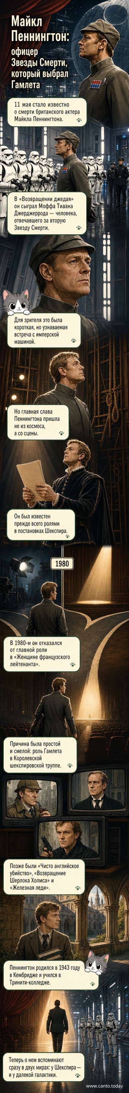 Чёрно-белый портрет актёра Майкла Пеннингтона в театральном гриме и костюме, с космическим пейзажем «Звёздных войн» на заднем плане