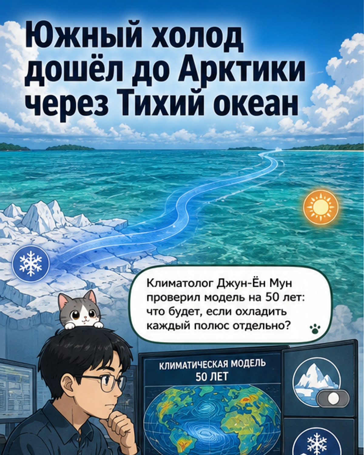 Анимированная карта Тихого океана с волной холода, распространяющейся из Антарктики через экватор к Северной Америке и Арктике