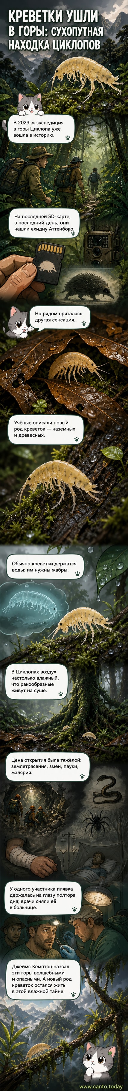 Иллюстрация: прозрачные креветки на влажной земле и корнях деревьев в тропическом лесу, капли воды вокруг, туманные горы вдали