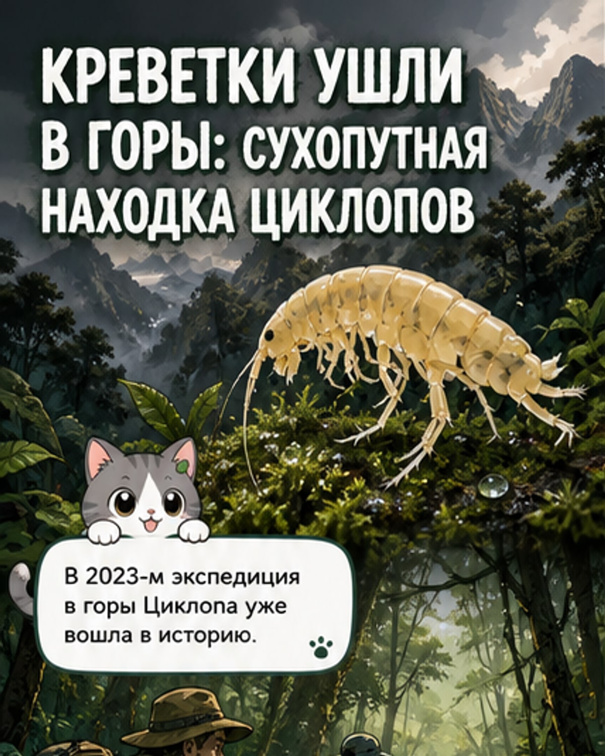 Иллюстрация: прозрачные креветки на влажной земле и корнях деревьев в тропическом лесу, капли воды вокруг, туманные горы вдали