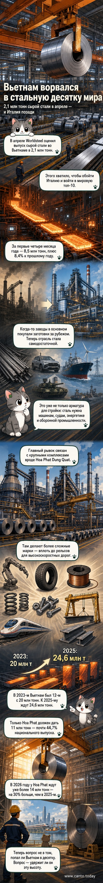 Инфографика: Вьетнам входит в топ-10 производителей стали в мире, опережая Италию, с ростом производства на фоне развития крупных сталелитейных комплексов.